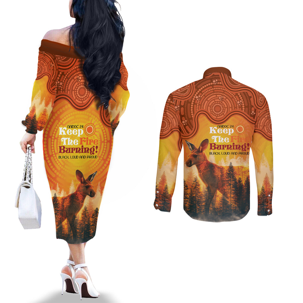 Australian Kangaroo Forests NAIDOC 2024 Couples Matching Off The Shoulder Long Sleeve Dress and Long Sleeve Button Shirt Aboriginal Art Style