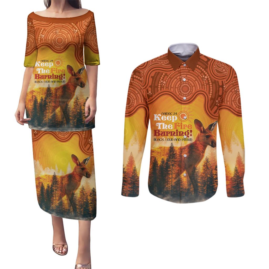Australian Kangaroo Forests NAIDOC 2024 Couples Matching Puletasi and Long Sleeve Button Shirt Aboriginal Art Style