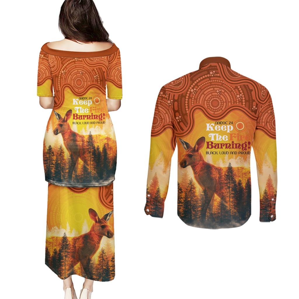 Australian Kangaroo Forests NAIDOC 2024 Couples Matching Puletasi and Long Sleeve Button Shirt Aboriginal Art Style