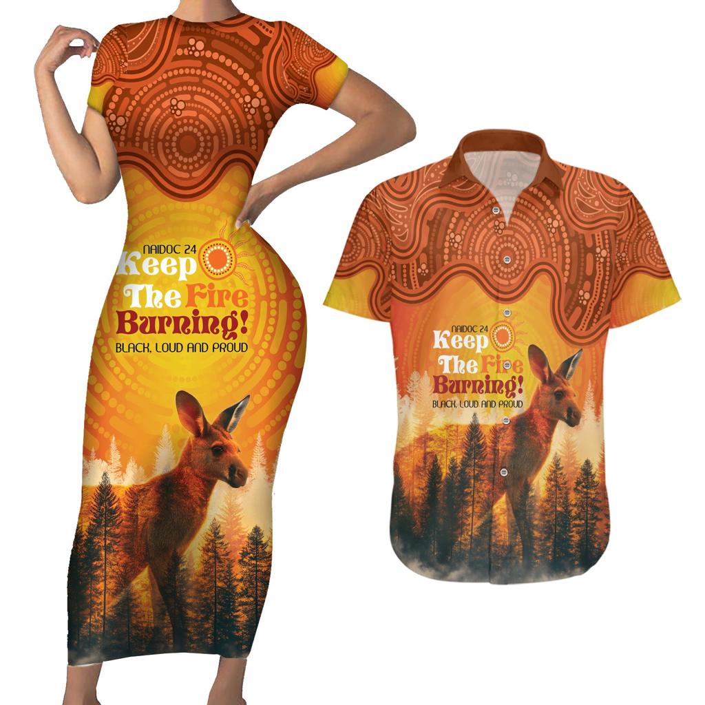Australian Kangaroo Forests NAIDOC 2024 Couples Matching Short Sleeve Bodycon Dress and Hawaiian Shirt Aboriginal Art Style