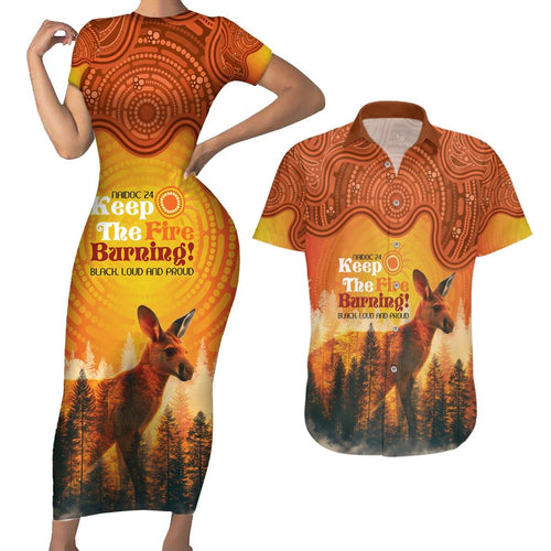 Australian Kangaroo Forests NAIDOC 2024 Couples Matching Short Sleeve Bodycon Dress and Hawaiian Shirt Aboriginal Art Style