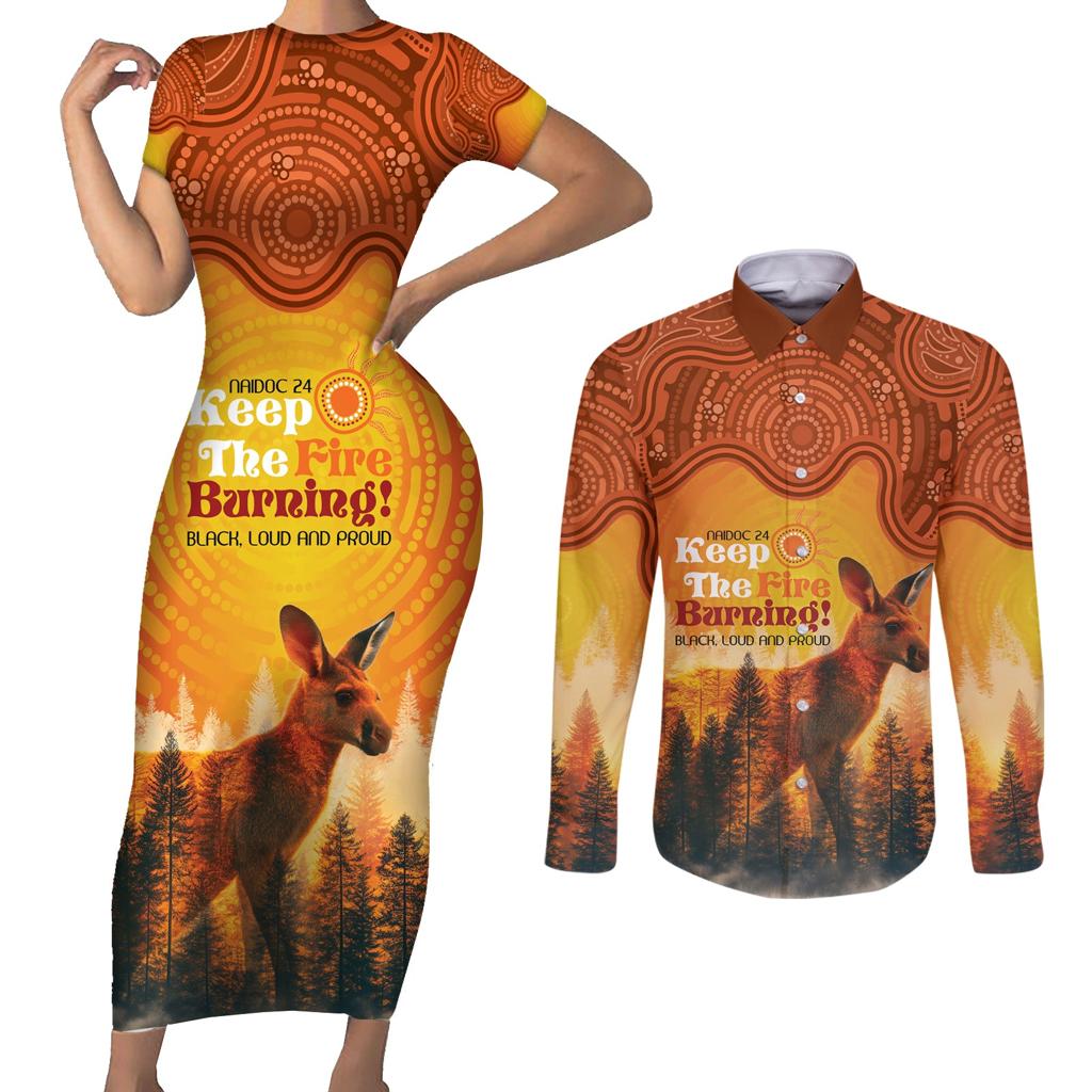 Australian Kangaroo Forests NAIDOC 2024 Couples Matching Short Sleeve Bodycon Dress and Long Sleeve Button Shirt Aboriginal Art Style