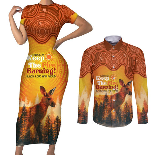 Australian Kangaroo Forests NAIDOC 2024 Couples Matching Short Sleeve Bodycon Dress and Long Sleeve Button Shirt Aboriginal Art Style