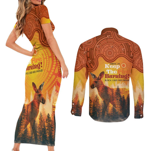 Australian Kangaroo Forests NAIDOC 2024 Couples Matching Short Sleeve Bodycon Dress and Long Sleeve Button Shirt Aboriginal Art Style