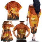 Australian Kangaroo Forests NAIDOC 2024 Family Matching Off The Shoulder Long Sleeve Dress and Hawaiian Shirt Aboriginal Art Style