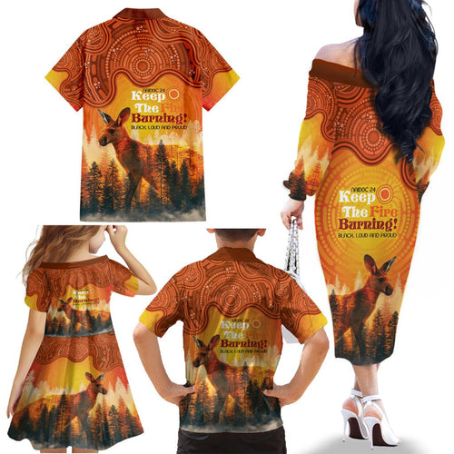 Australian Kangaroo Forests NAIDOC 2024 Family Matching Off The Shoulder Long Sleeve Dress and Hawaiian Shirt Aboriginal Art Style