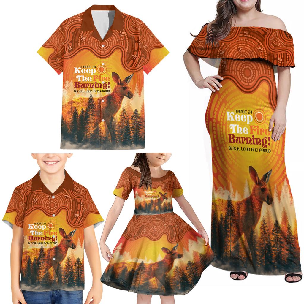 Australian Kangaroo Forests NAIDOC 2024 Family Matching Off Shoulder Maxi Dress and Hawaiian Shirt Aboriginal Art Style