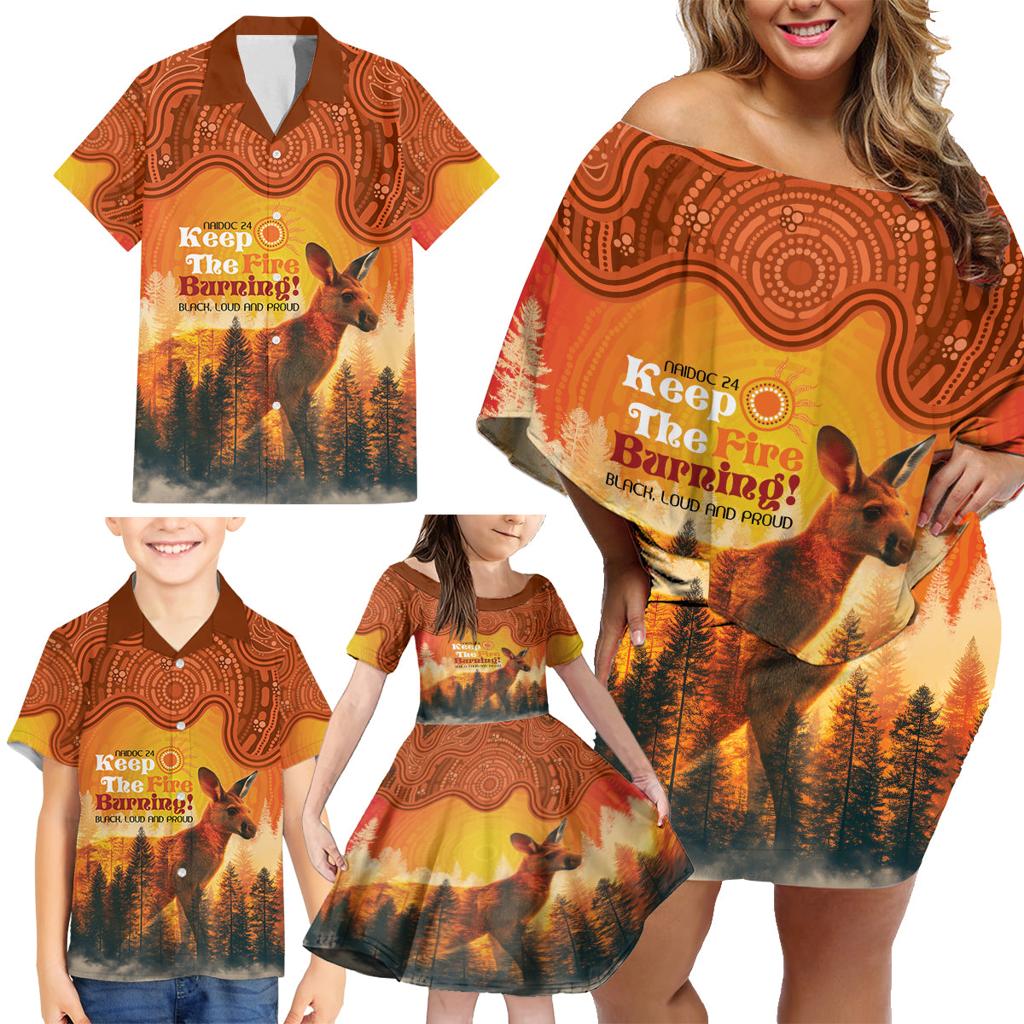 Australian Kangaroo Forests NAIDOC 2024 Family Matching Off Shoulder Short Dress and Hawaiian Shirt Aboriginal Art Style