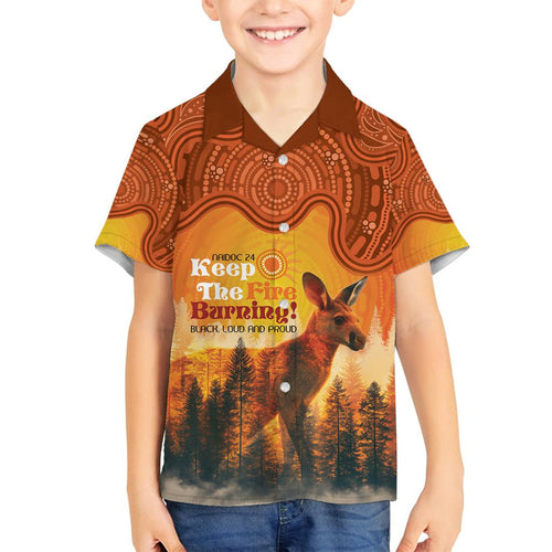 Australian Kangaroo Forests NAIDOC 2024 Family Matching Off Shoulder Short Dress and Hawaiian Shirt Aboriginal Art Style