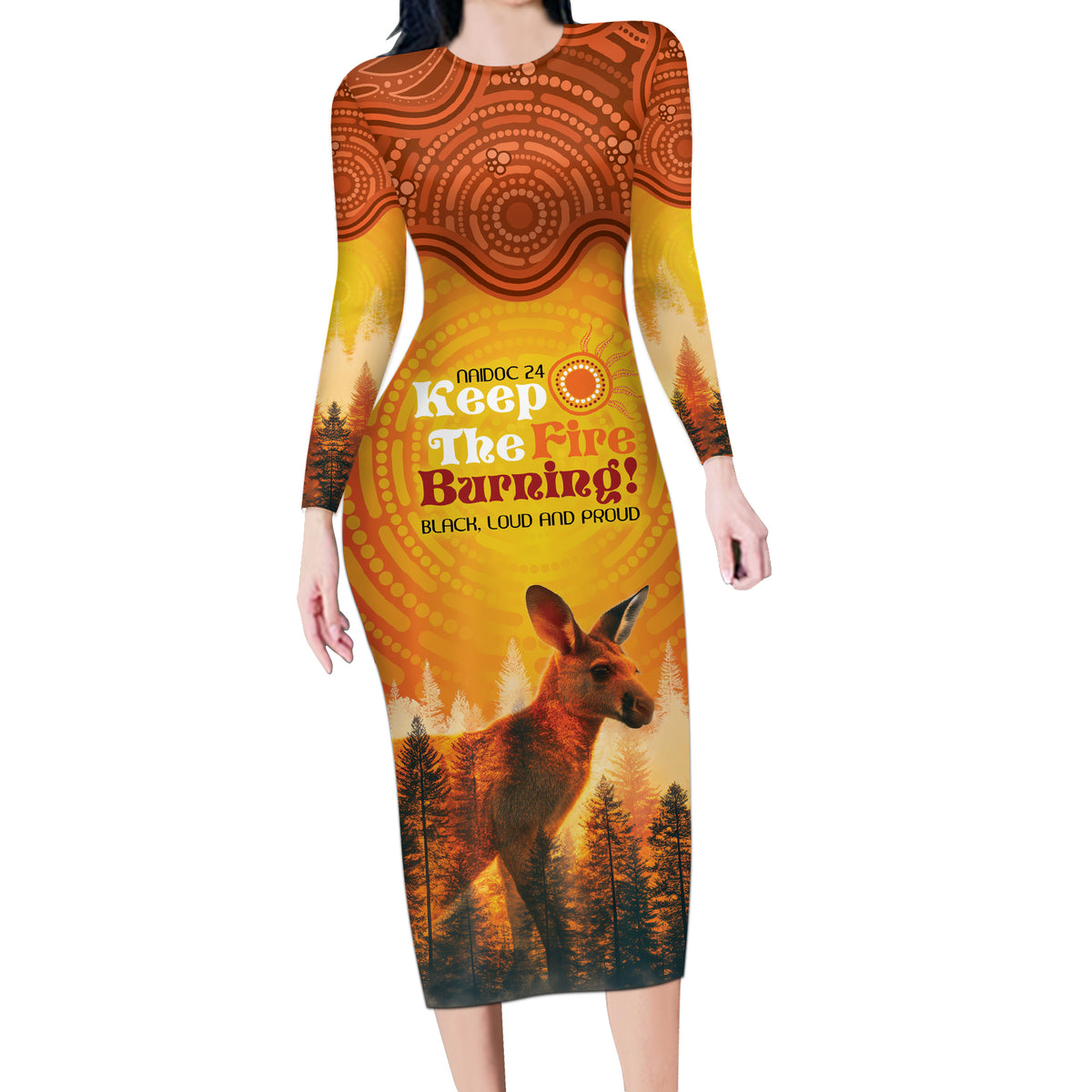 Australian Kangaroo Forests NAIDOC 2024 Long Sleeve Bodycon Dress Aboriginal Art Style