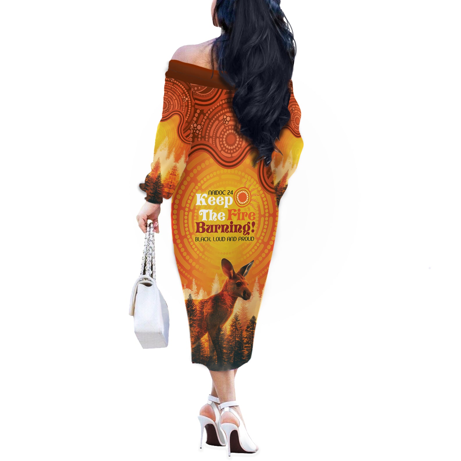 Australian Kangaroo Forests NAIDOC 2024 Off The Shoulder Long Sleeve Dress Aboriginal Art Style