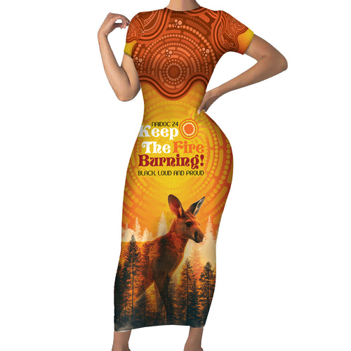 Australian Kangaroo Forests NAIDOC 2024 Short Sleeve Bodycon Dress Aboriginal Art Style