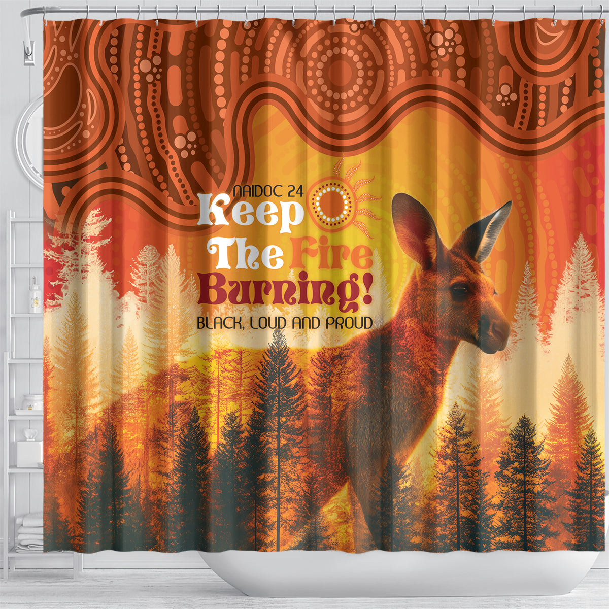 Australian Kangaroo Forests NAIDOC 2024 Shower Curtain Aboriginal Art Style