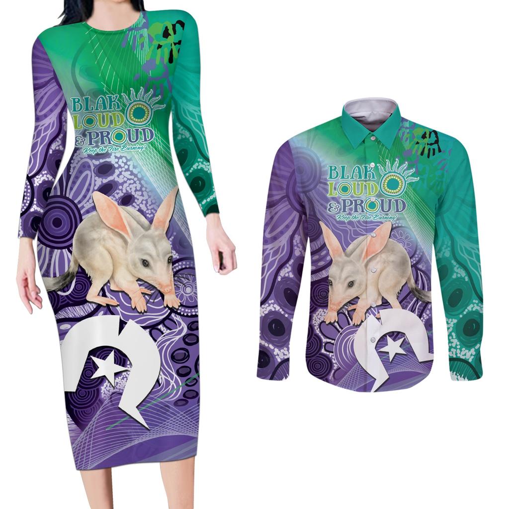 Vivid Bilby NAIDOC 2024 Couples Matching Long Sleeve Bodycon Dress and Long Sleeve Button Shirt Macrotis Aboriginal Art Style