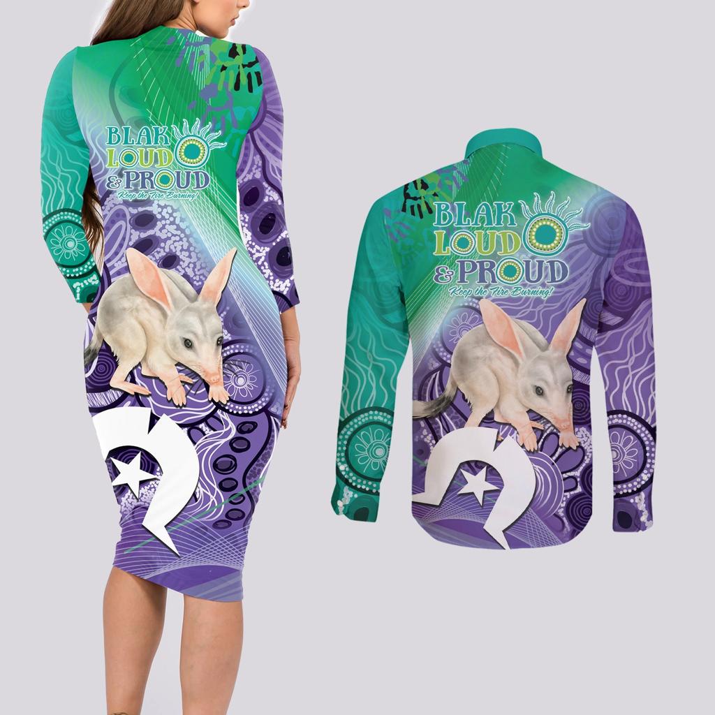 Vivid Bilby NAIDOC 2024 Couples Matching Long Sleeve Bodycon Dress and Long Sleeve Button Shirt Macrotis Aboriginal Art Style