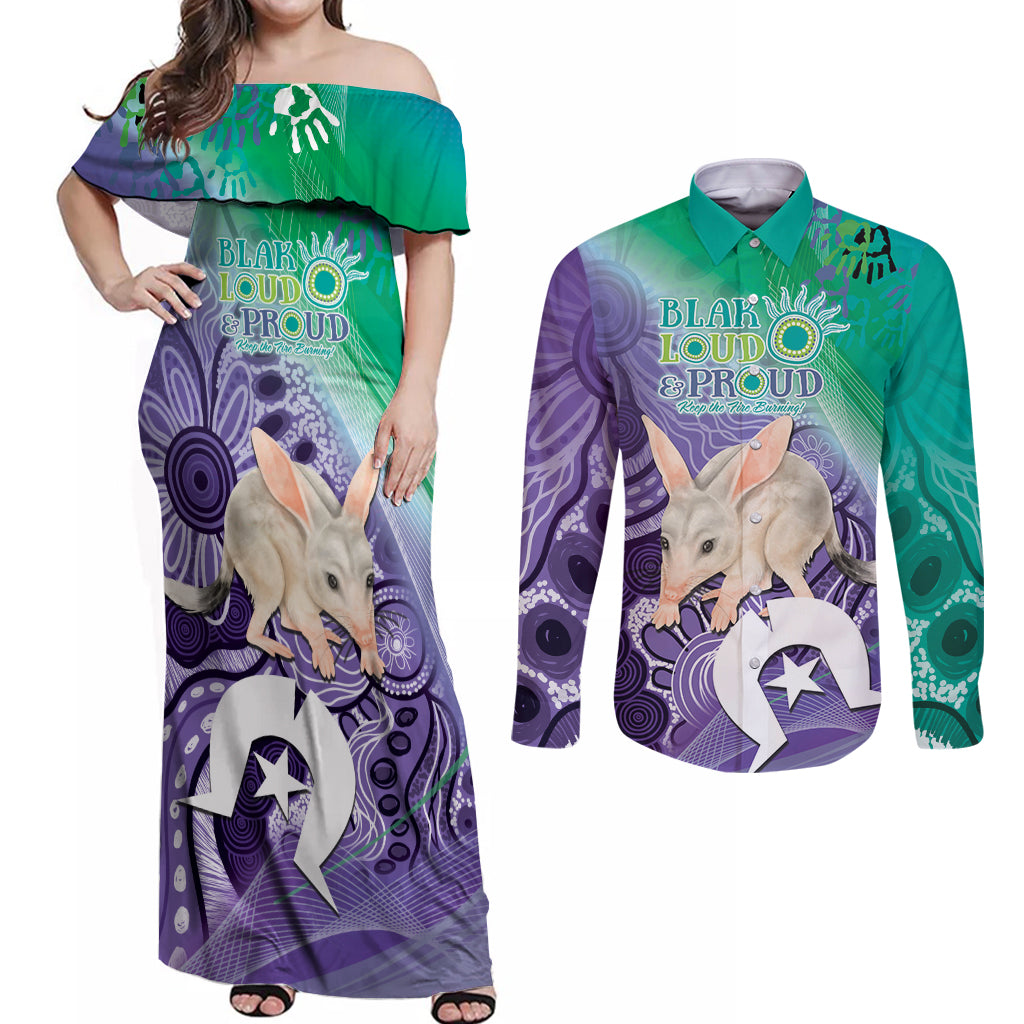 Vivid Bilby NAIDOC 2024 Couples Matching Off Shoulder Maxi Dress and Long Sleeve Button Shirt Macrotis Aboriginal Art Style