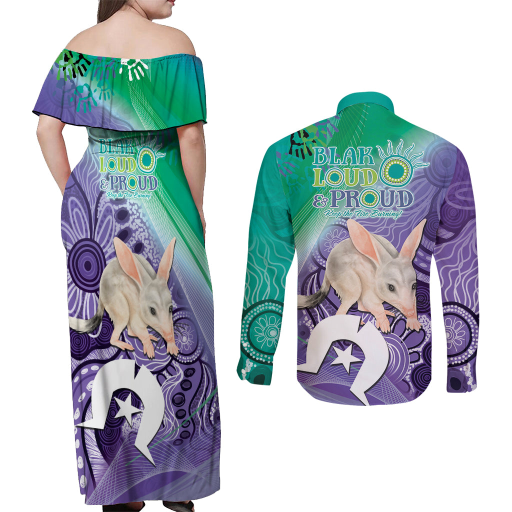 Vivid Bilby NAIDOC 2024 Couples Matching Off Shoulder Maxi Dress and Long Sleeve Button Shirt Macrotis Aboriginal Art Style