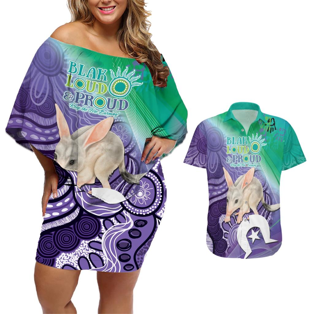 Vivid Bilby NAIDOC 2024 Couples Matching Off Shoulder Short Dress and Hawaiian Shirt Macrotis Aboriginal Art Style
