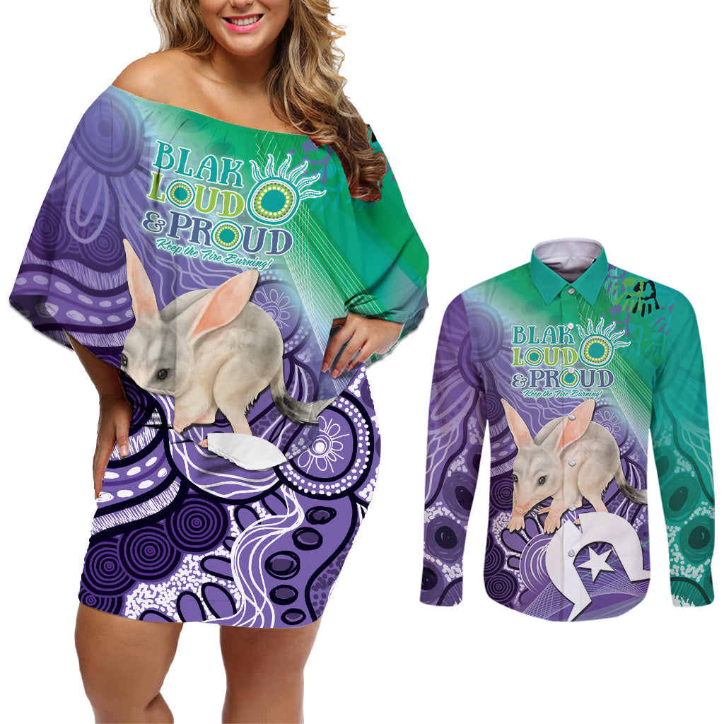Vivid Bilby NAIDOC 2024 Couples Matching Off Shoulder Short Dress and Long Sleeve Button Shirt Macrotis Aboriginal Art Style