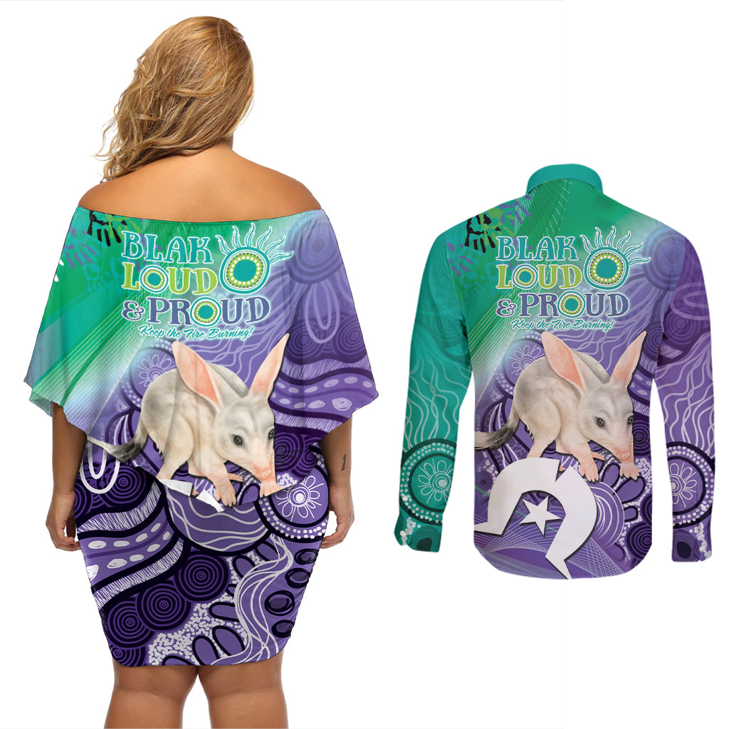 Vivid Bilby NAIDOC 2024 Couples Matching Off Shoulder Short Dress and Long Sleeve Button Shirt Macrotis Aboriginal Art Style
