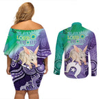 Vivid Bilby NAIDOC 2024 Couples Matching Off Shoulder Short Dress and Long Sleeve Button Shirt Macrotis Aboriginal Art Style