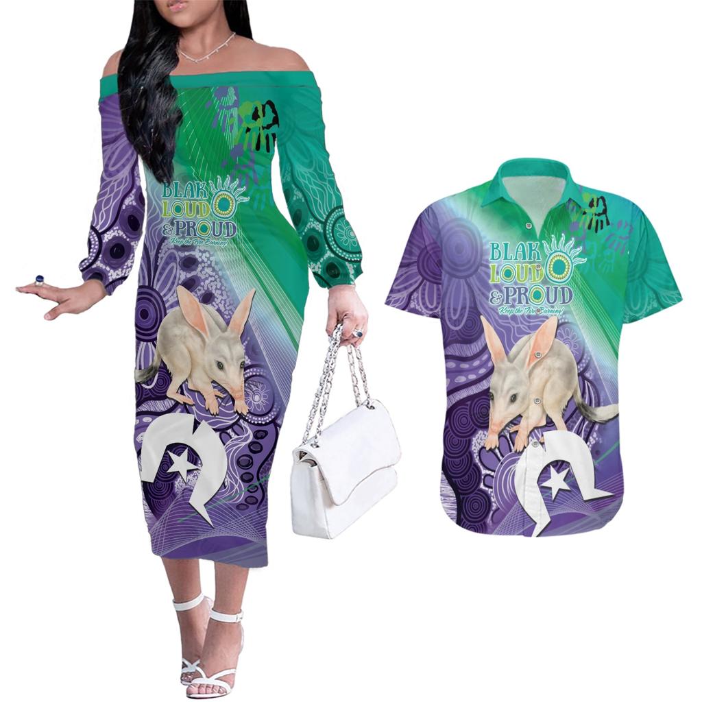 Vivid Bilby NAIDOC 2024 Couples Matching Off The Shoulder Long Sleeve Dress and Hawaiian Shirt Macrotis Aboriginal Art Style