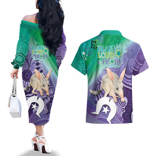 Vivid Bilby NAIDOC 2024 Couples Matching Off The Shoulder Long Sleeve Dress and Hawaiian Shirt Macrotis Aboriginal Art Style