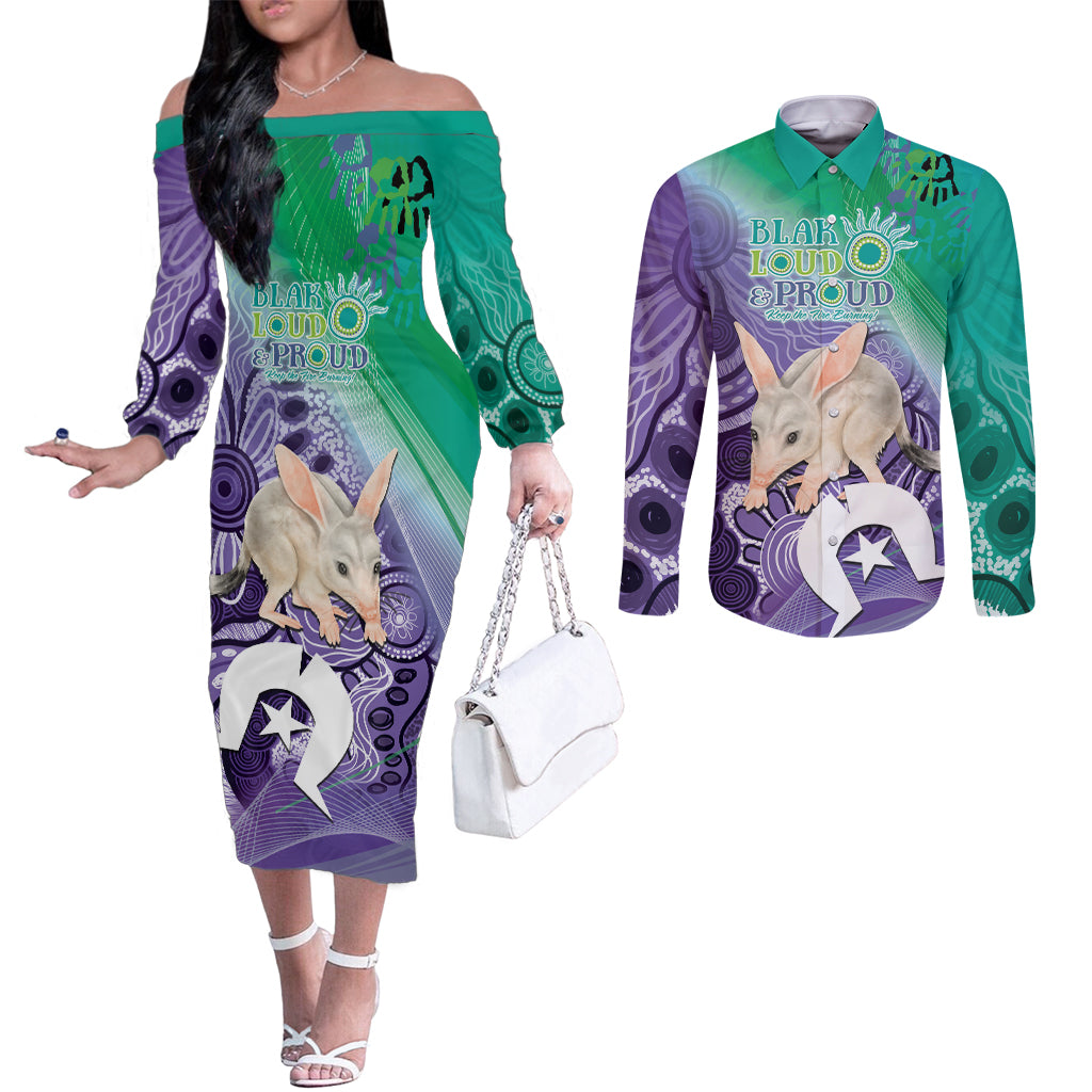 Vivid Bilby NAIDOC 2024 Couples Matching Off The Shoulder Long Sleeve Dress and Long Sleeve Button Shirt Macrotis Aboriginal Art Style