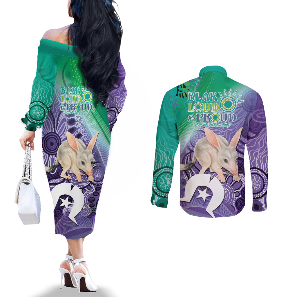 Vivid Bilby NAIDOC 2024 Couples Matching Off The Shoulder Long Sleeve Dress and Long Sleeve Button Shirt Macrotis Aboriginal Art Style