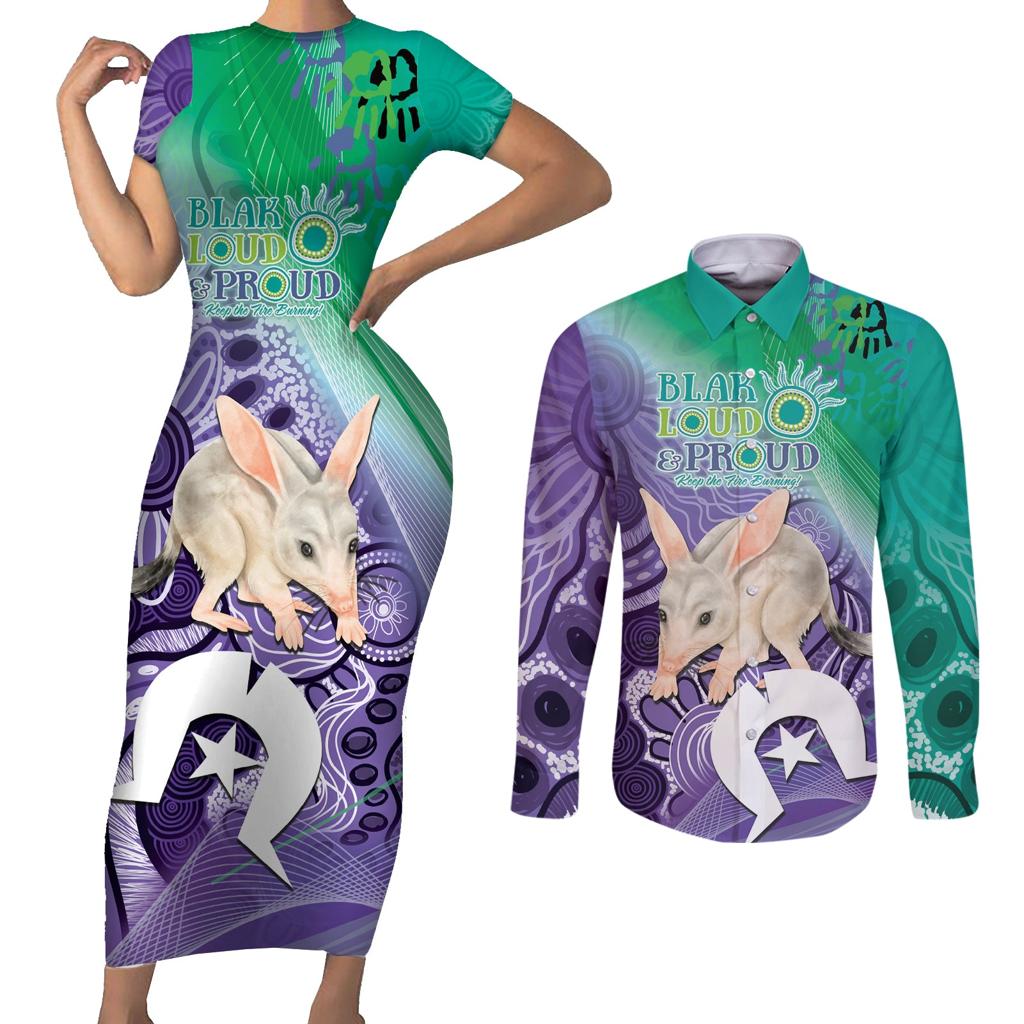 Vivid Bilby NAIDOC 2024 Couples Matching Short Sleeve Bodycon Dress and Long Sleeve Button Shirt Macrotis Aboriginal Art Style