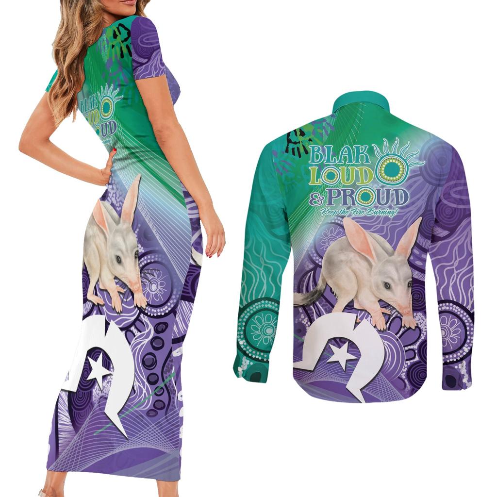 Vivid Bilby NAIDOC 2024 Couples Matching Short Sleeve Bodycon Dress and Long Sleeve Button Shirt Macrotis Aboriginal Art Style