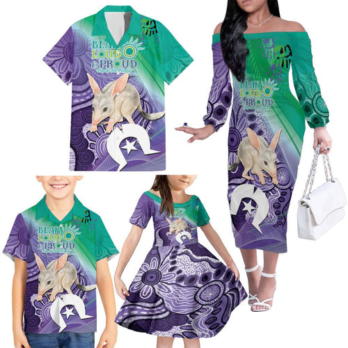 Vivid Bilby NAIDOC 2024 Family Matching Off The Shoulder Long Sleeve Dress and Hawaiian Shirt Macrotis Aboriginal Art Style