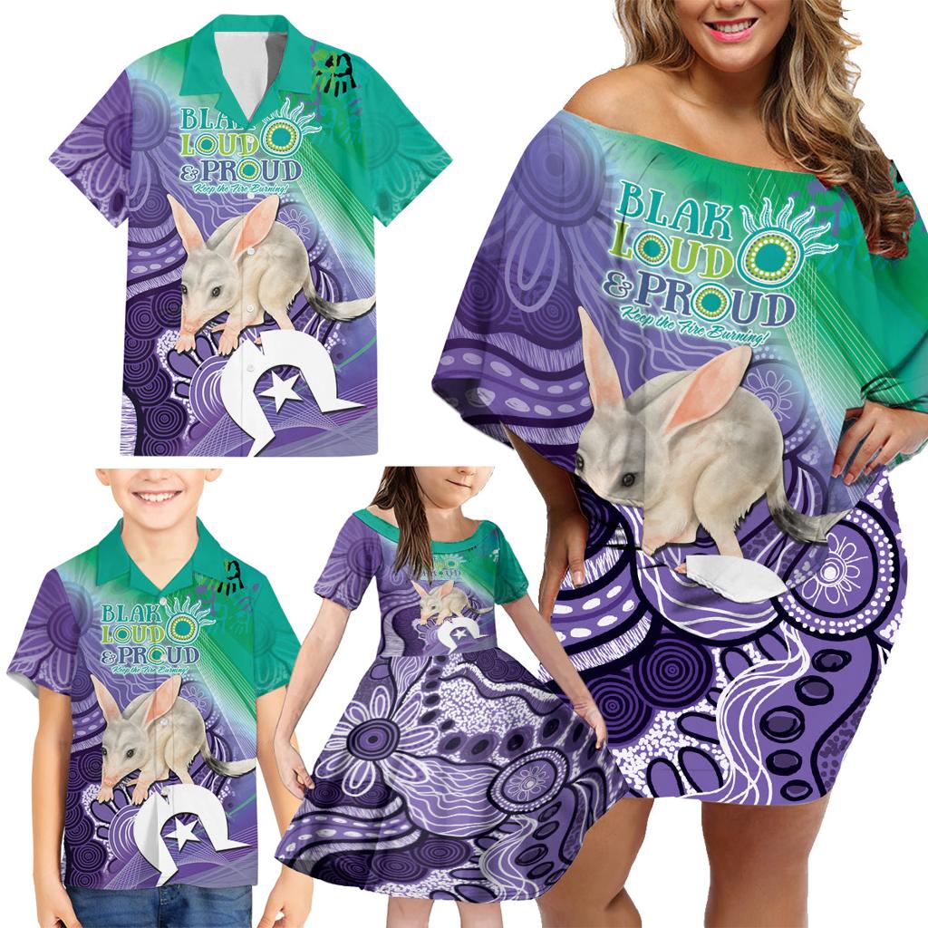 Vivid Bilby NAIDOC 2024 Family Matching Off Shoulder Short Dress and Hawaiian Shirt Macrotis Aboriginal Art Style