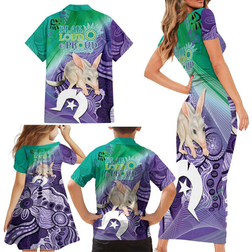 Vivid Bilby NAIDOC 2024 Family Matching Short Sleeve Bodycon Dress and Hawaiian Shirt Macrotis Aboriginal Art Style