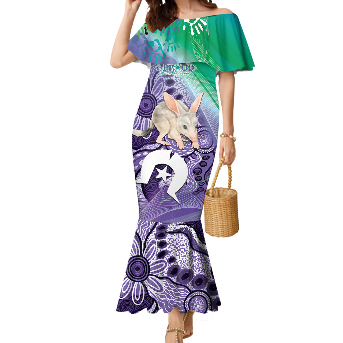 Vivid Bilby NAIDOC 2024 Mermaid Dress Macrotis Aboriginal Art Style