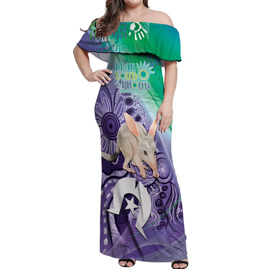 Vivid Bilby NAIDOC 2024 Off Shoulder Maxi Dress Macrotis Aboriginal Art Style