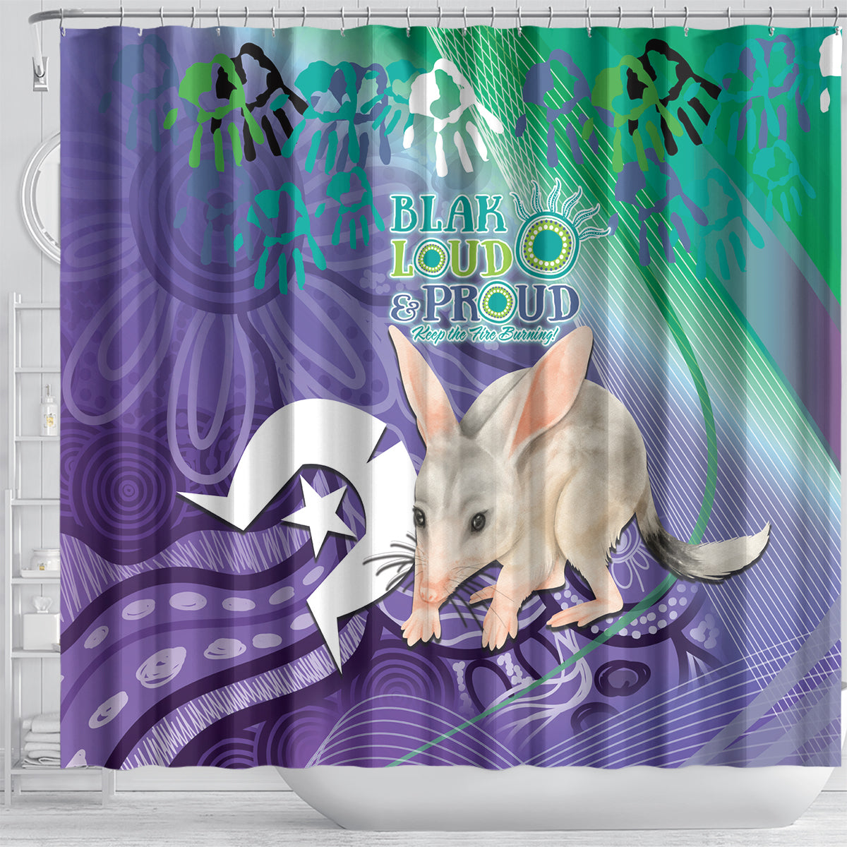 Vivid Bilby NAIDOC 2024 Shower Curtain Macrotis Aboriginal Art Style