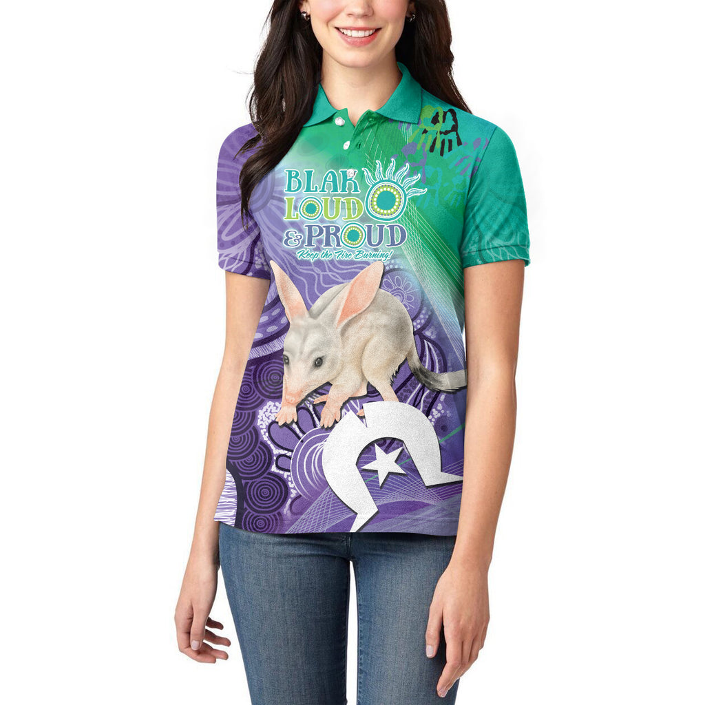Vivid Bilby NAIDOC 2024 Women Polo Shirt Macrotis Aboriginal Art Style