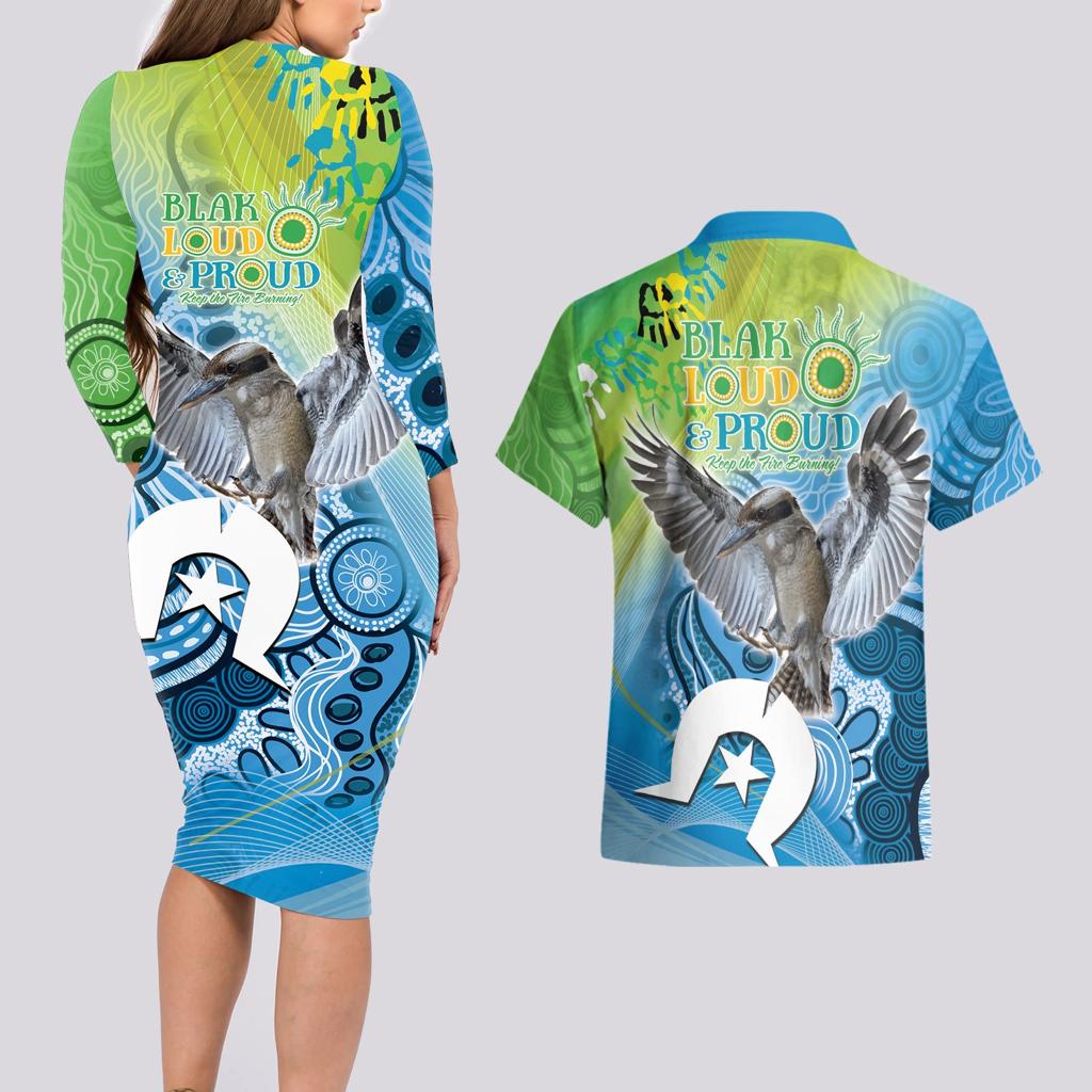 Vivid Kookaburra NAIDOC 2024 Couples Matching Long Sleeve Bodycon Dress and Hawaiian Shirt Aboriginal Art Style