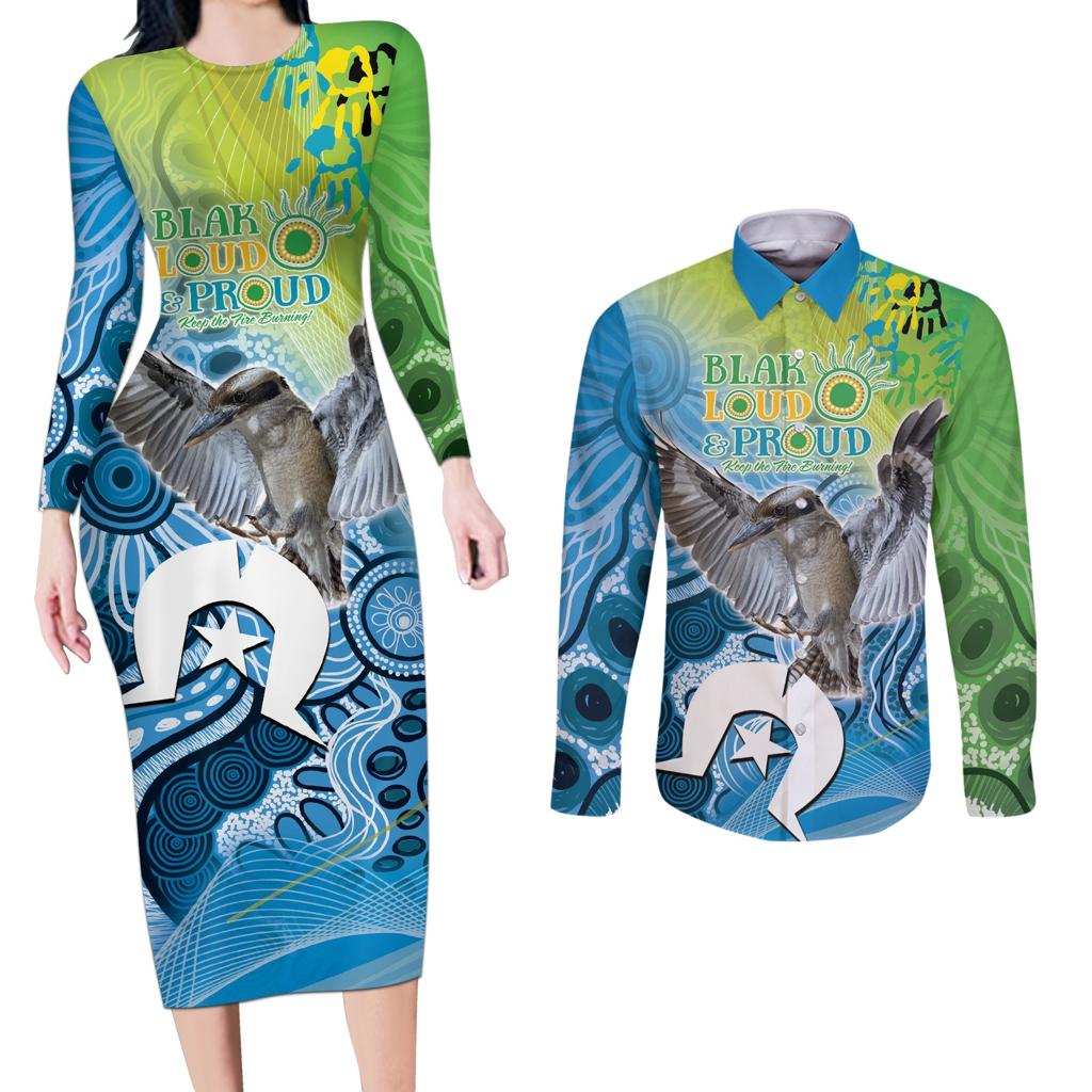 Vivid Kookaburra NAIDOC 2024 Couples Matching Long Sleeve Bodycon Dress and Long Sleeve Button Shirt Aboriginal Art Style