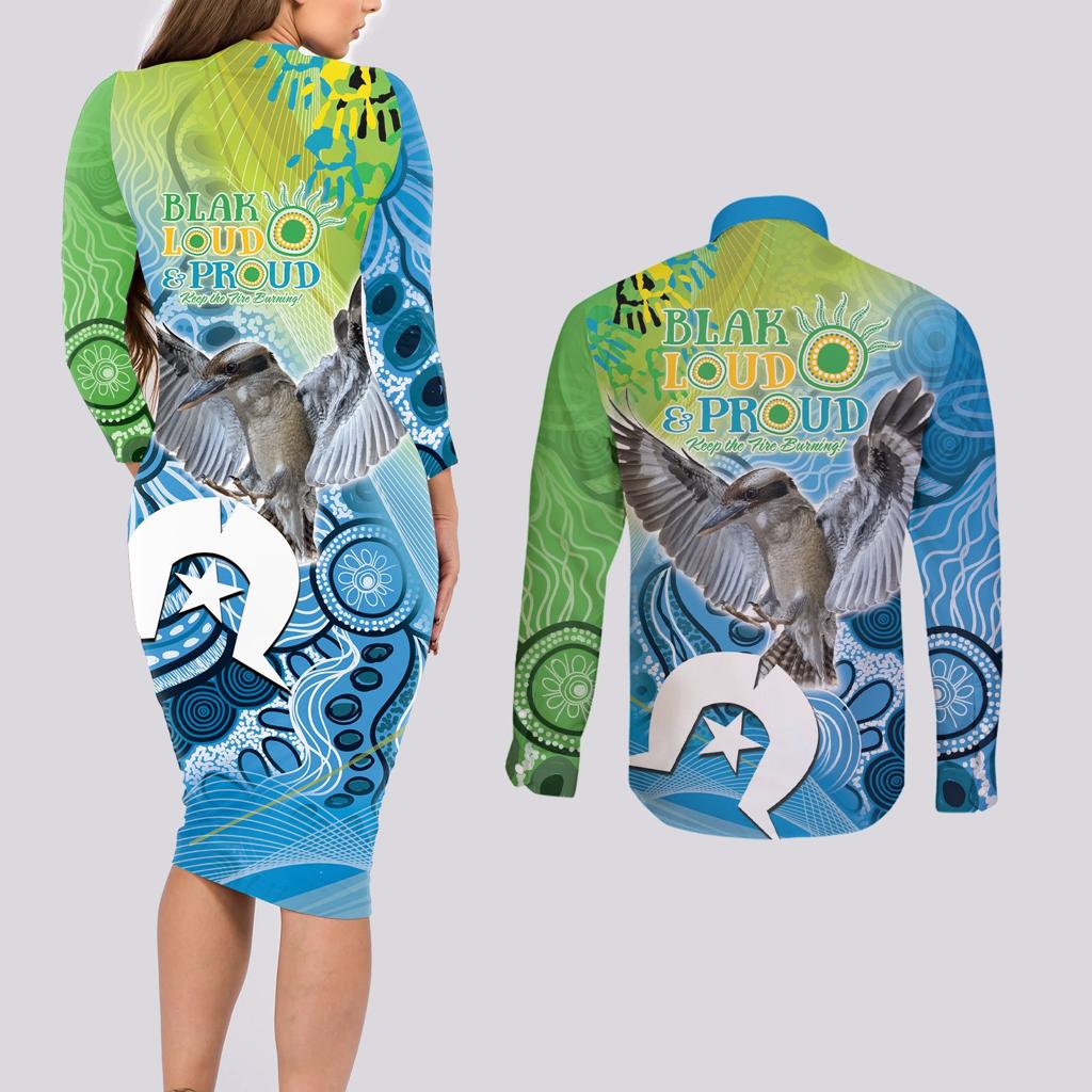 Vivid Kookaburra NAIDOC 2024 Couples Matching Long Sleeve Bodycon Dress and Long Sleeve Button Shirt Aboriginal Art Style