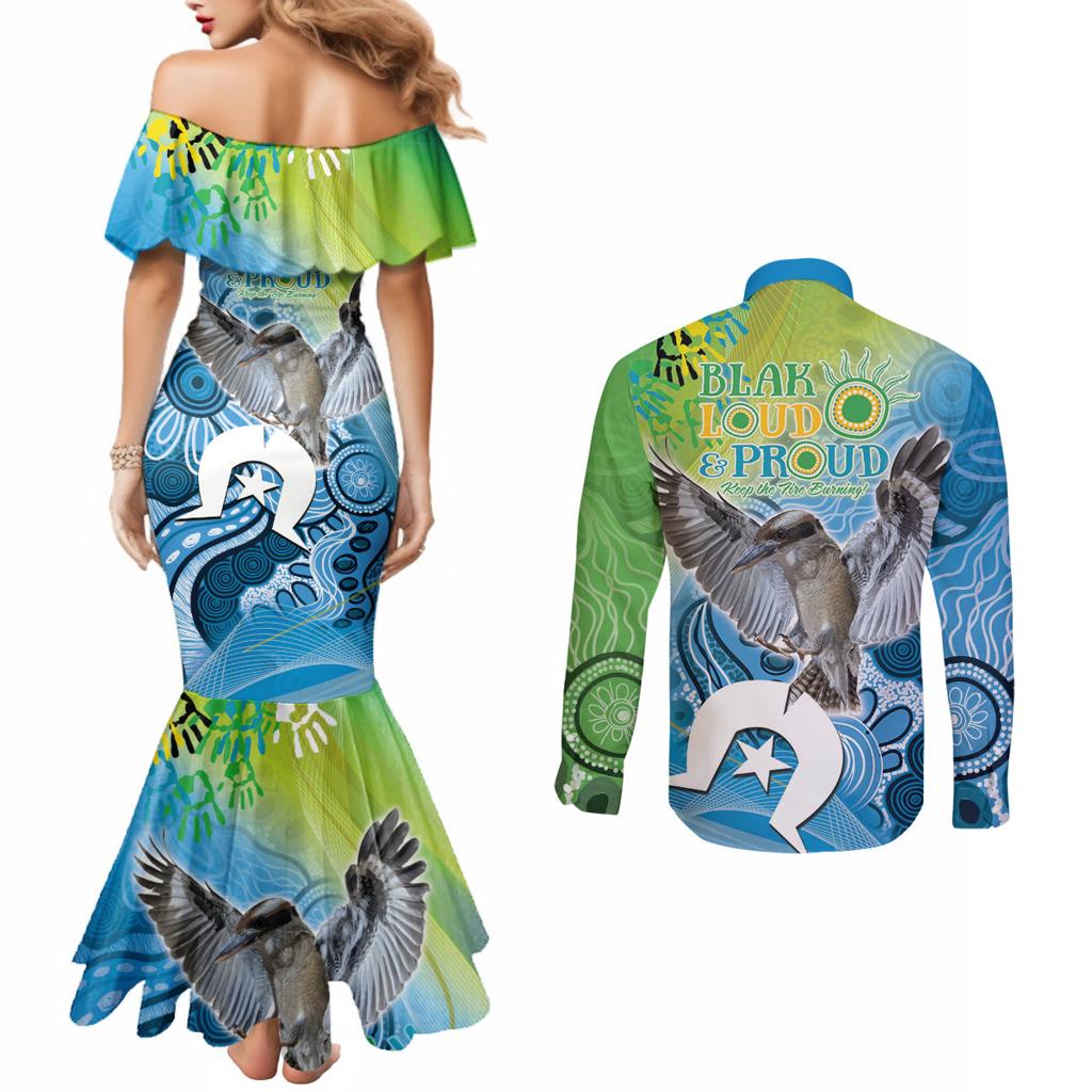 Vivid Kookaburra NAIDOC 2024 Couples Matching Mermaid Dress and Long Sleeve Button Shirt Aboriginal Art Style