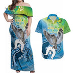 Vivid Kookaburra NAIDOC 2024 Couples Matching Off Shoulder Maxi Dress and Hawaiian Shirt Aboriginal Art Style
