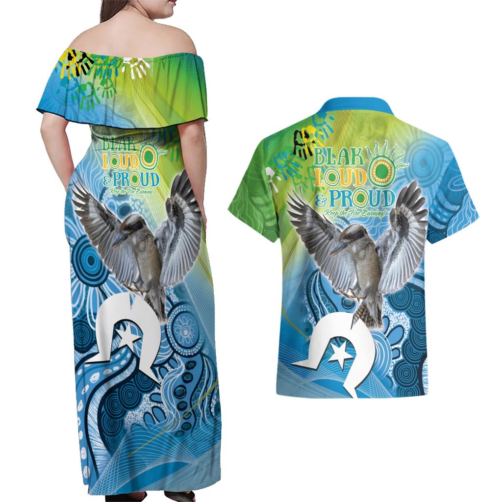 Vivid Kookaburra NAIDOC 2024 Couples Matching Off Shoulder Maxi Dress and Hawaiian Shirt Aboriginal Art Style