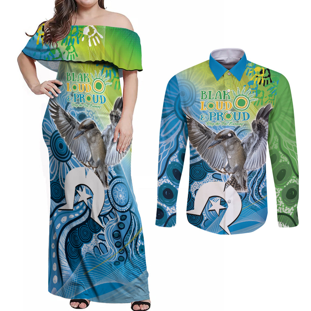 Vivid Kookaburra NAIDOC 2024 Couples Matching Off Shoulder Maxi Dress and Long Sleeve Button Shirt Aboriginal Art Style