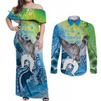Vivid Kookaburra NAIDOC 2024 Couples Matching Off Shoulder Maxi Dress and Long Sleeve Button Shirt Aboriginal Art Style