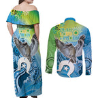 Vivid Kookaburra NAIDOC 2024 Couples Matching Off Shoulder Maxi Dress and Long Sleeve Button Shirt Aboriginal Art Style