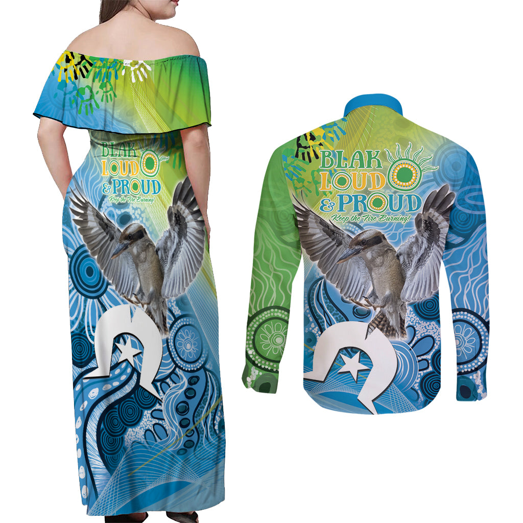 Vivid Kookaburra NAIDOC 2024 Couples Matching Off Shoulder Maxi Dress and Long Sleeve Button Shirt Aboriginal Art Style