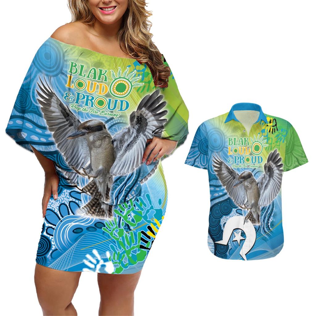Vivid Kookaburra NAIDOC 2024 Couples Matching Off Shoulder Short Dress and Hawaiian Shirt Aboriginal Art Style