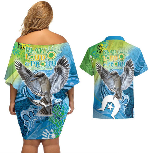 Vivid Kookaburra NAIDOC 2024 Couples Matching Off Shoulder Short Dress and Hawaiian Shirt Aboriginal Art Style